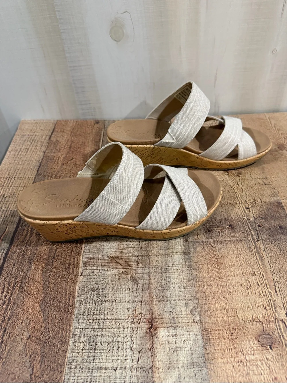Skechers Wedge Sandals in Light Beige - Comfortable Summer Slip-On Size 10